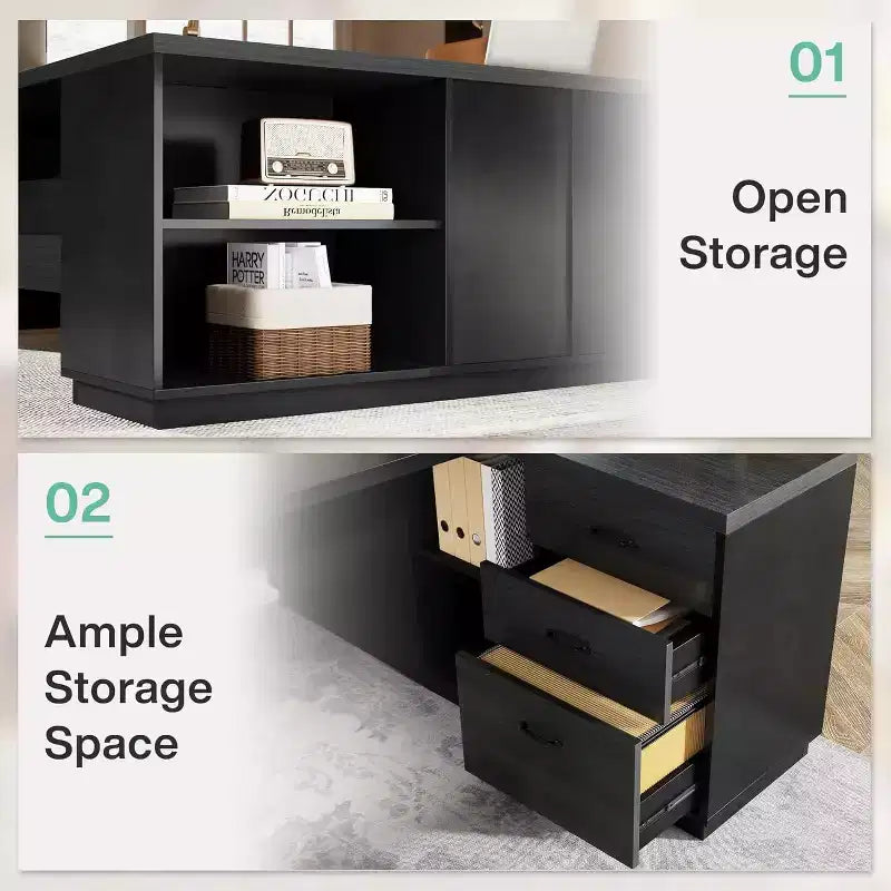 Modern 78" L-Shaped Executive Desk with Drawers and Lateral File Cabinet