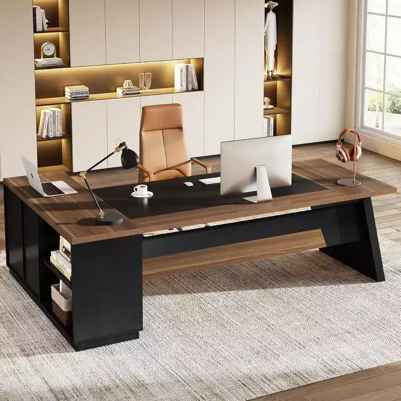 Modern 78" L-Shaped Executive Desk with Drawers and Lateral File Cabinet