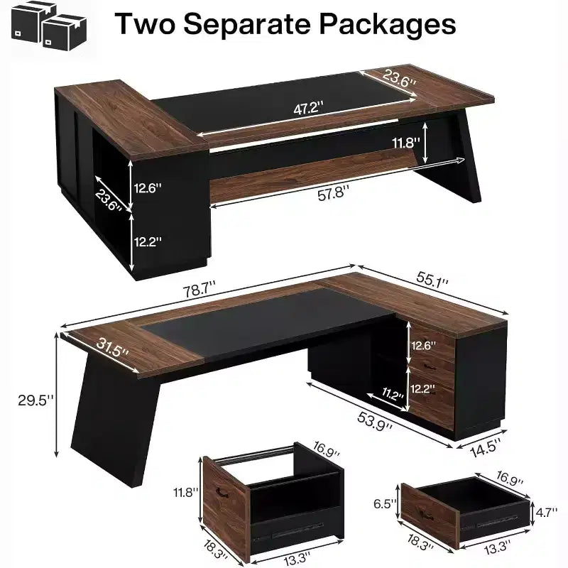 Modern 78" L-Shaped Executive Desk with Drawers and Lateral File Cabinet