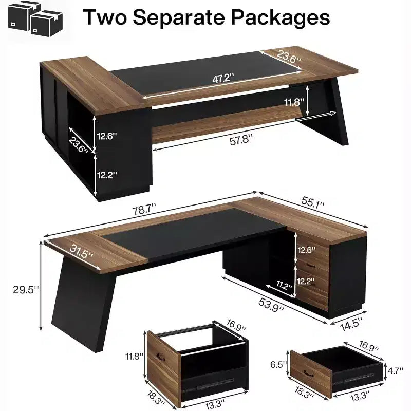 Modern 78" L-Shaped Executive Desk with Drawers and Lateral File Cabinet