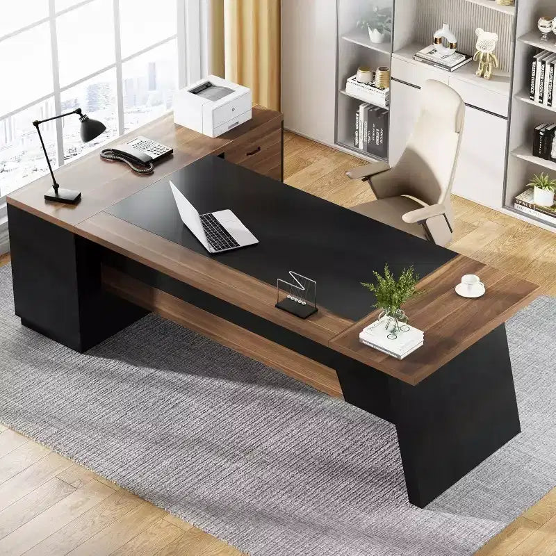 Modern 78" L-Shaped Executive Desk with Drawers and Lateral File Cabinet