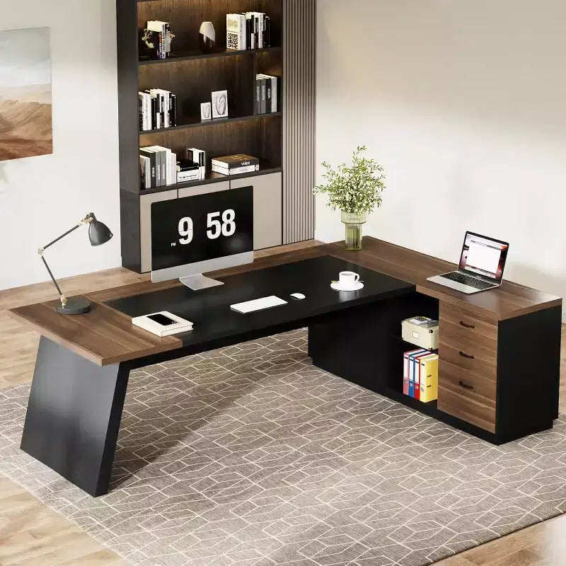 Modern 78" L-Shaped Executive Desk with Drawers and Lateral File Cabinet