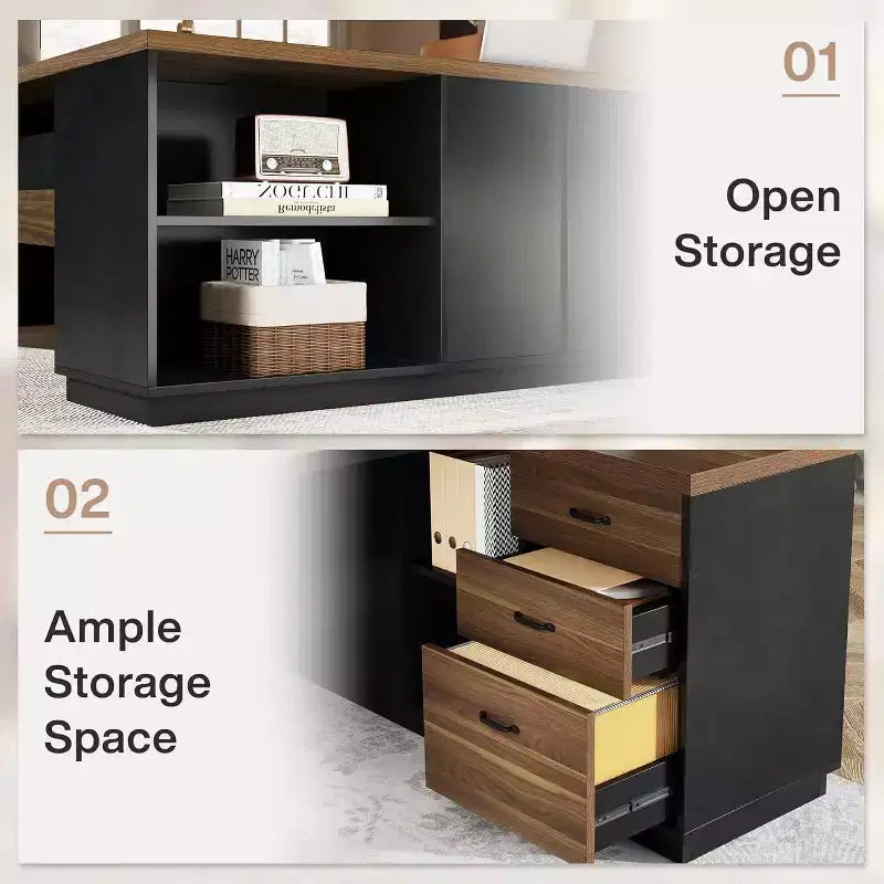 Modern 78" L-Shaped Executive Desk with Drawers and Lateral File Cabinet