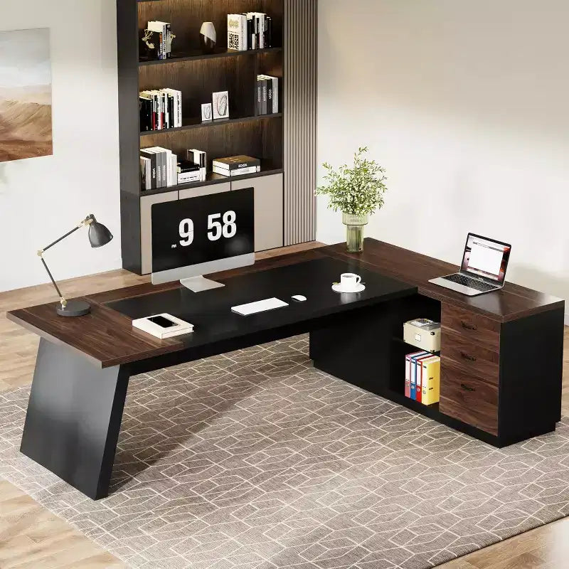 Modern 78" L-Shaped Executive Desk with Drawers and Lateral File Cabinet