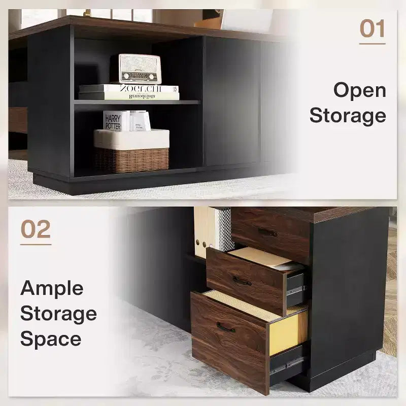Modern 78" L-Shaped Executive Desk with Drawers and Lateral File Cabinet