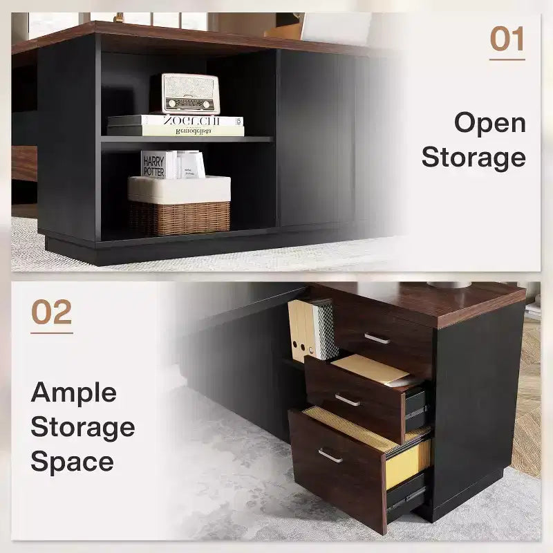 Modern 78" L-Shaped Executive Desk with Drawers and Lateral File Cabinet