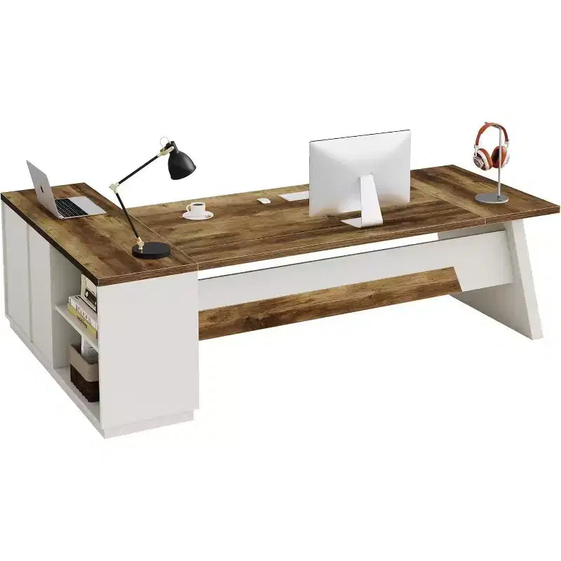 Modern 78" L-Shaped Executive Desk with Drawers and Lateral File Cabinet