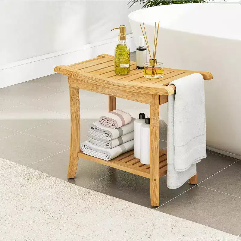 Bamboo Shower Bench with Storage Shelf, Waterproof, 330 lbs Capacity