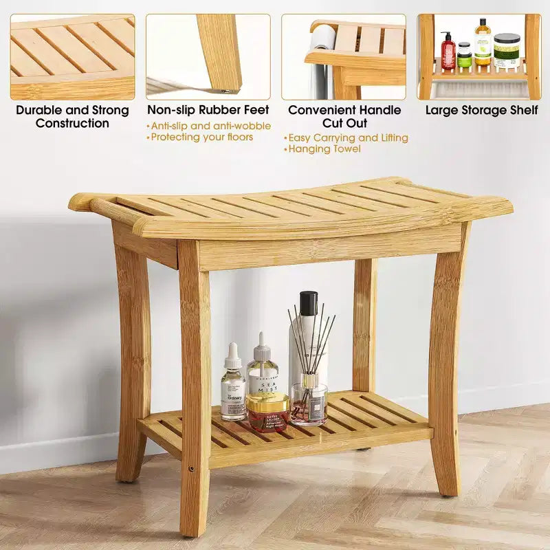 Bamboo Shower Bench with Storage Shelf, Waterproof, 330 lbs Capacity