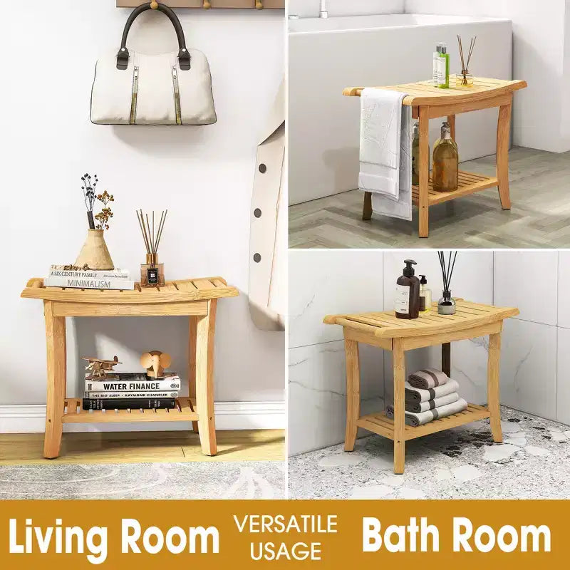 Bamboo Shower Bench with Storage Shelf, Waterproof, 330 lbs Capacity