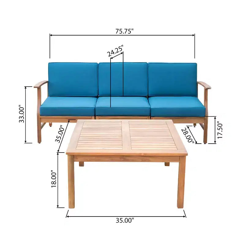 Ensemble canapé 3 places et table basse d'extérieur Abena en bois d'acacia avec coussins GDFStudio