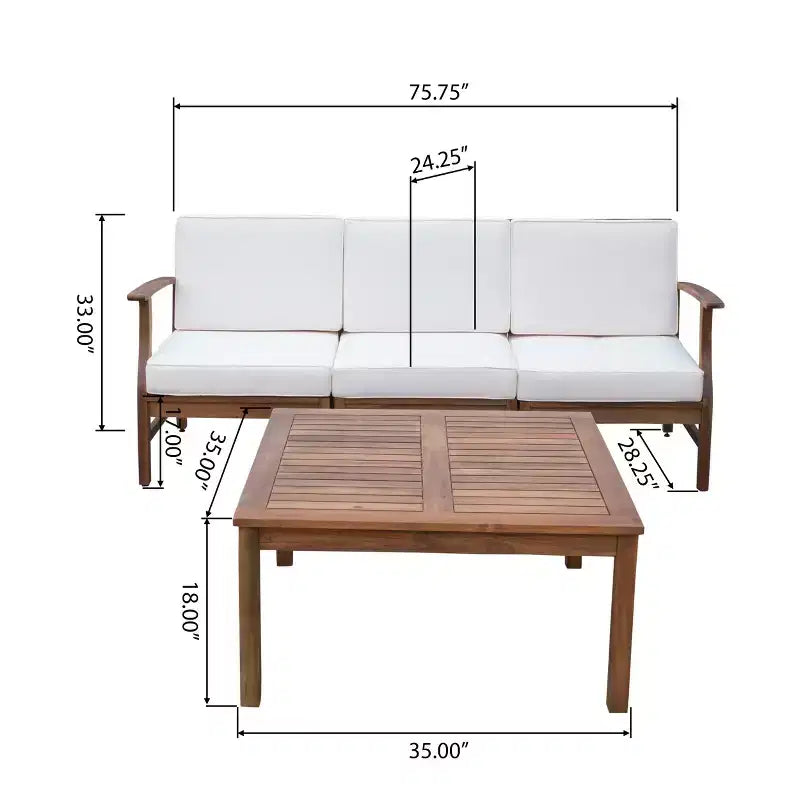 Ensemble canapé 3 places et table basse d'extérieur Abena en bois d'acacia avec coussins GDFStudio