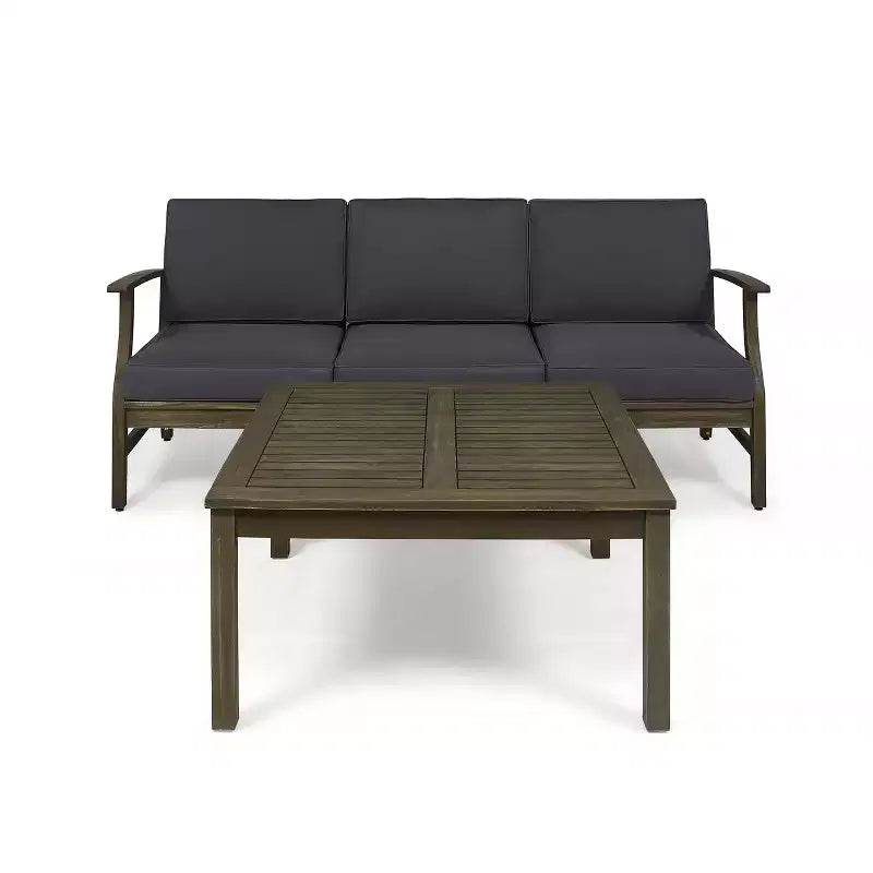 Ensemble canapé 3 places et table basse d'extérieur Abena en bois d'acacia avec coussins GDFStudio