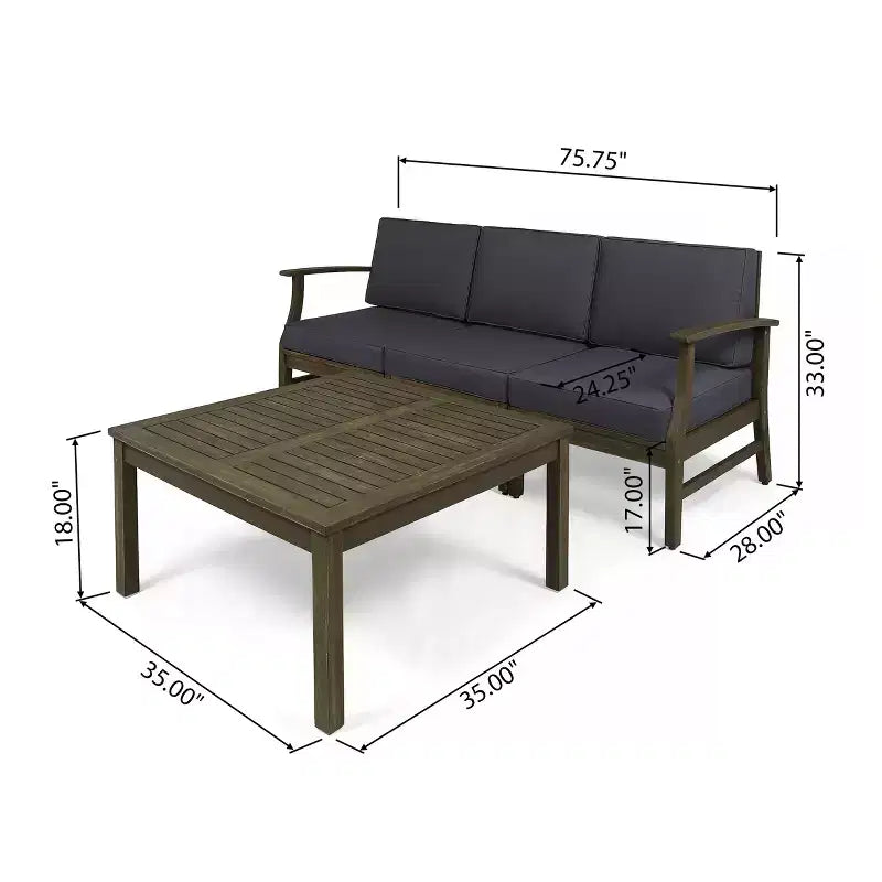 Ensemble canapé 3 places et table basse d'extérieur Abena en bois d'acacia avec coussins GDFStudio