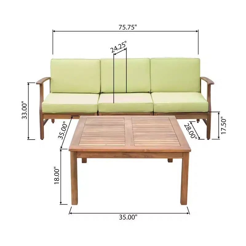 Ensemble canapé 3 places et table basse d'extérieur Abena en bois d'acacia avec coussins GDFStudio