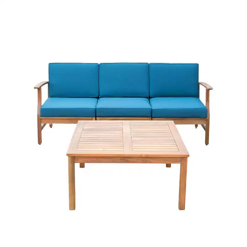 Ensemble canapé 3 places et table basse d'extérieur Abena en bois d'acacia avec coussins GDFStudio
