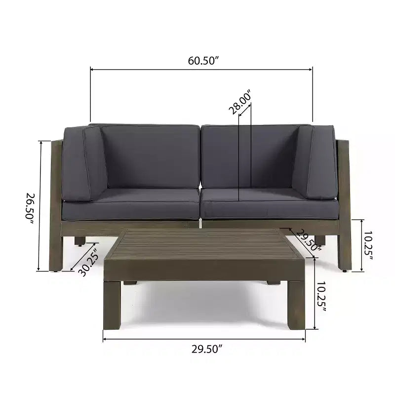 GDFStudio Keith Ensemble de causeuse et table basse d'extérieur en bois d'acacia avec coussins