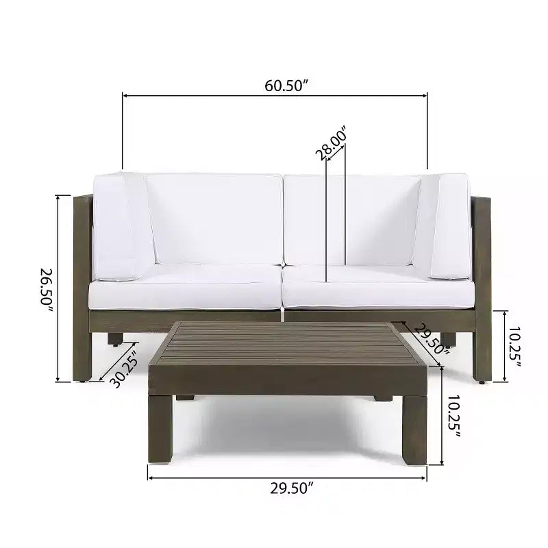 GDFStudio Keith Ensemble de causeuse et table basse d'extérieur en bois d'acacia avec coussins