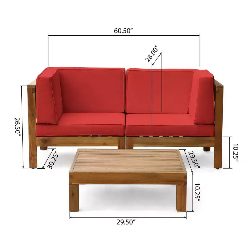 GDFStudio Keith Ensemble de causeuse et table basse d'extérieur en bois d'acacia avec coussins