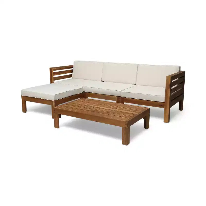 GDFStudio Cavendish Outdoor Acacia Wood 3 Seater Sofa Chat Set with Ottoman