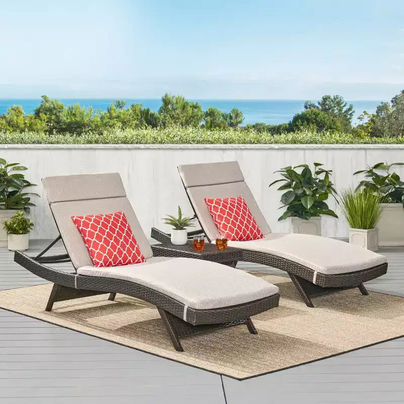 GDFStudio Olivia Ensemble de 3 chaises longues sans accoudoirs marron multicolore avec coussins