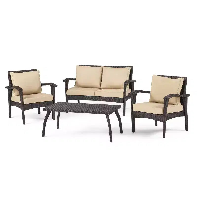 GDFStudio Hilary Outdoor Wicker 4 Seater Chat Set with Water Resistant Cushions