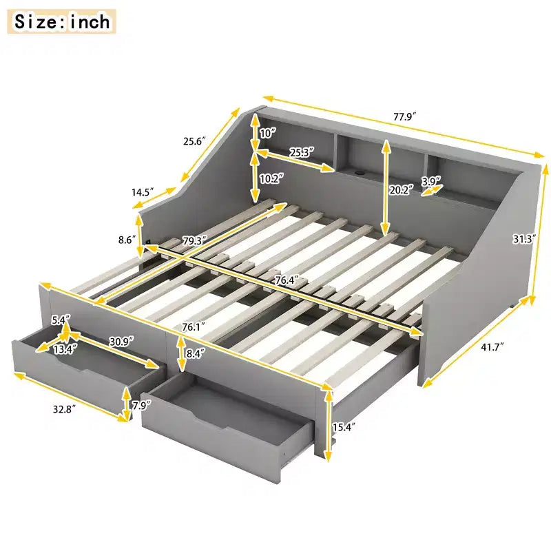 Twin to King Expandable Daybed with USB Ports, Storage Bookcases and 2 Drawers, White/Gray