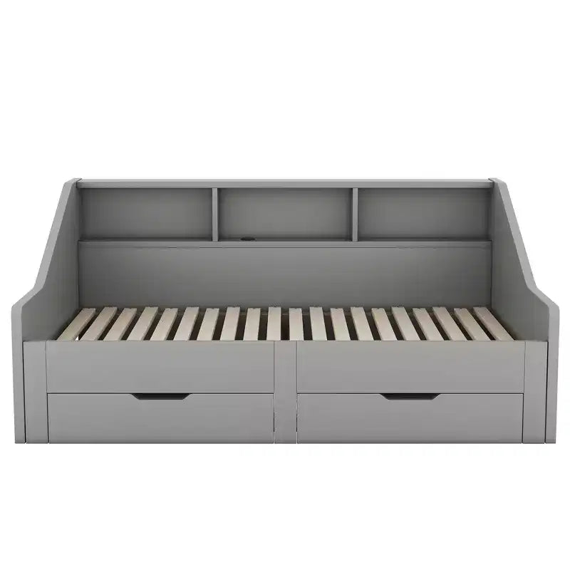 Twin to King Expandable Daybed with USB Ports, Storage Bookcases and 2 Drawers, White/Gray
