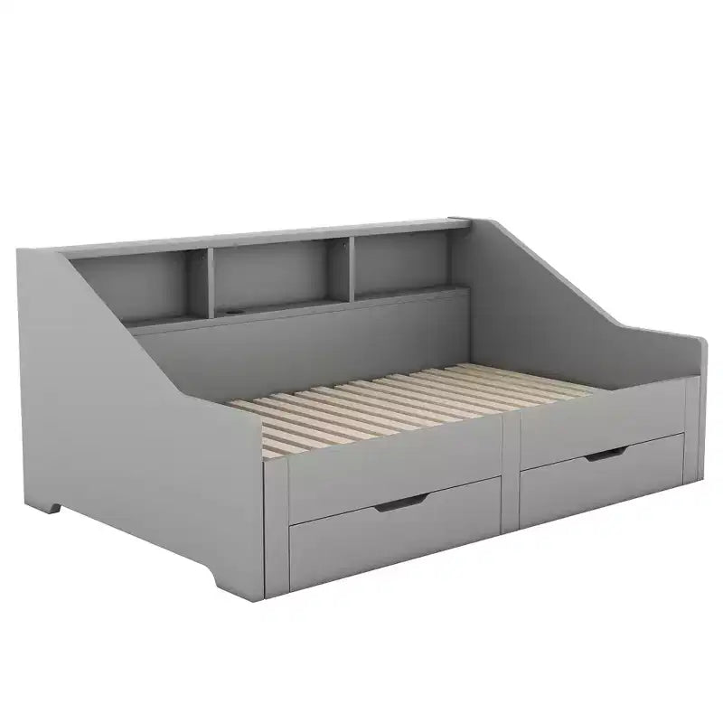 Twin to King Expandable Daybed with USB Ports, Storage Bookcases and 2 Drawers, White/Gray
