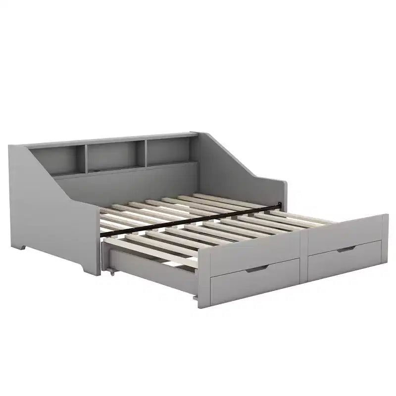 Twin to King Expandable Daybed with USB Ports, Storage Bookcases and 2 Drawers, White/Gray