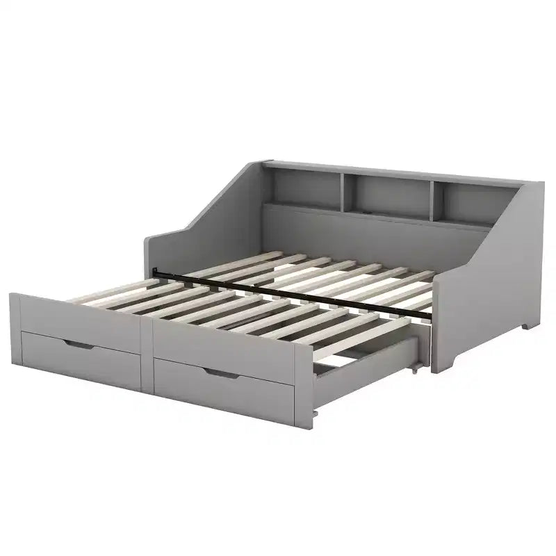 Twin to King Expandable Daybed with USB Ports, Storage Bookcases and 2 Drawers, White/Gray
