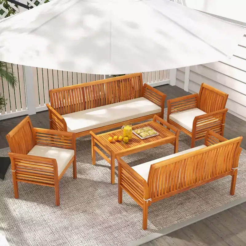 Costway Ensemble mobilier de patio 5 pièces avec cadre en bois d'acacia et coussins d'assise amovibles