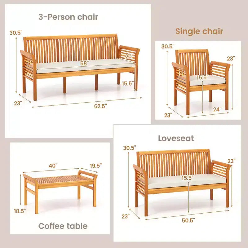 Costway Ensemble mobilier de patio 5 pièces avec cadre en bois d'acacia et coussins d'assise amovibles