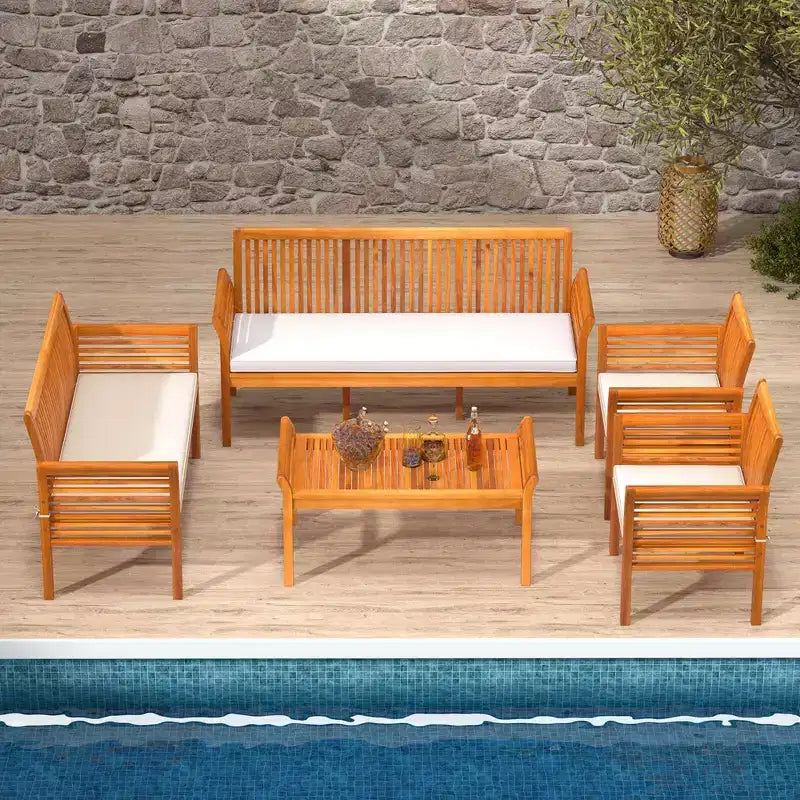 Costway Ensemble mobilier de patio 5 pièces avec cadre en bois d'acacia et coussins d'assise amovibles