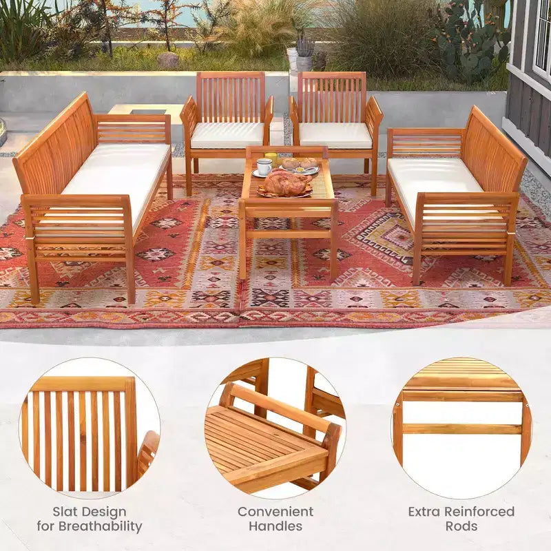 Costway Ensemble mobilier de patio 5 pièces avec cadre en bois d'acacia et coussins d'assise amovibles