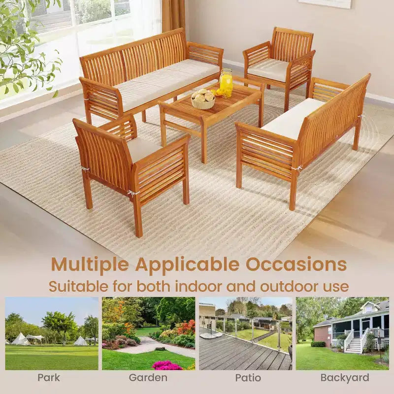 Costway Ensemble mobilier de patio 5 pièces avec cadre en bois d'acacia et coussins d'assise amovibles