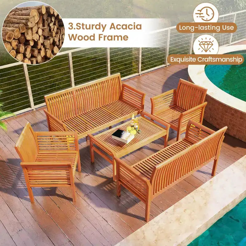 Costway Ensemble mobilier de patio 5 pièces avec cadre en bois d'acacia et coussins d'assise amovibles