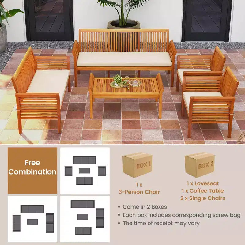 Costway Ensemble mobilier de patio 5 pièces avec cadre en bois d'acacia et coussins d'assise amovibles
