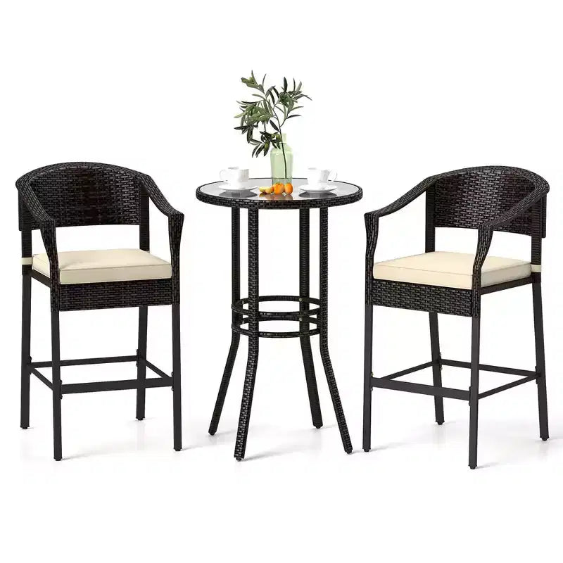 Ensemble de bar 3 pièces Costway en rotin pour patio avec fauteuils en osier et table ronde avec plateau en verre trempé