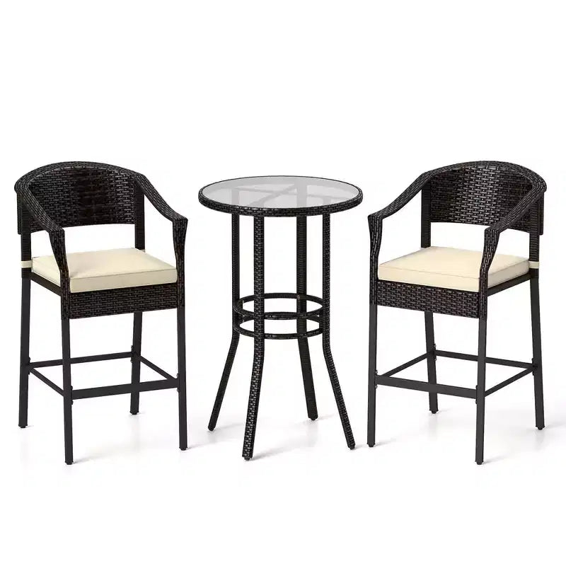 Ensemble de bar 3 pièces Costway en rotin pour patio avec fauteuils en osier et table ronde avec plateau en verre trempé