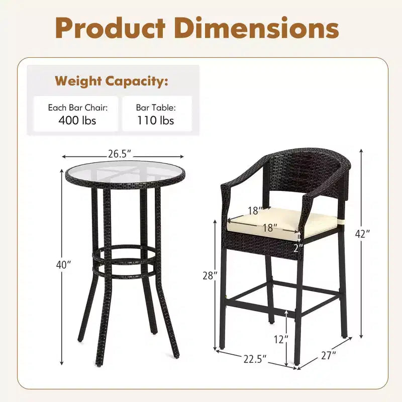 Ensemble de bar 3 pièces Costway en rotin pour patio avec fauteuils en osier et table ronde avec plateau en verre trempé