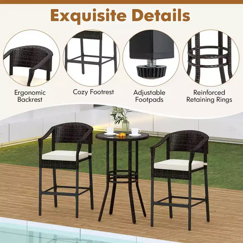 Ensemble de bar 3 pièces Costway en rotin pour patio avec fauteuils en osier et table ronde avec plateau en verre trempé