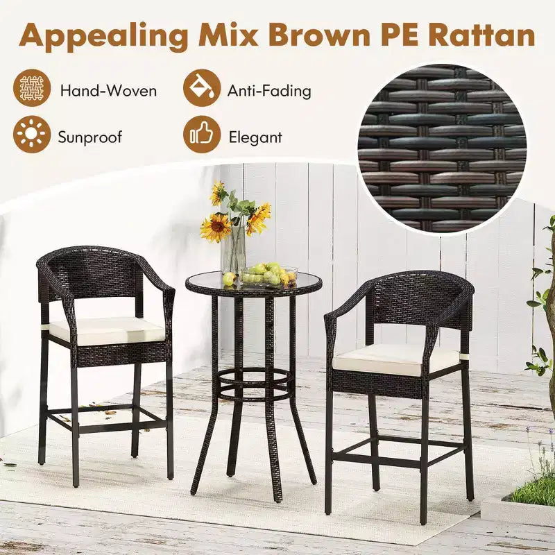 Ensemble de bar 3 pièces Costway en rotin pour patio avec fauteuils en osier et table ronde avec plateau en verre trempé