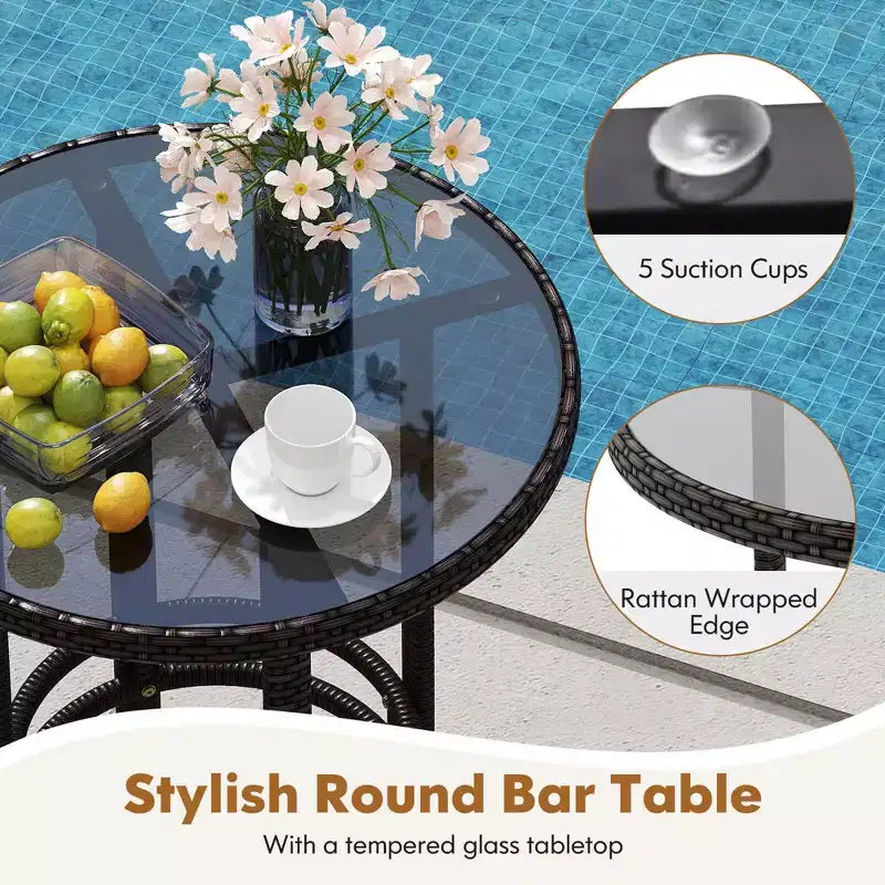 Ensemble de bar 3 pièces Costway en rotin pour patio avec fauteuils en osier et table ronde avec plateau en verre trempé