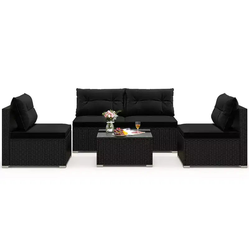 Costway Salon de Jardin 5 Pièces avec Coussins d'Assise et de Dossier Table en Verre Trempé Noir/Bleu