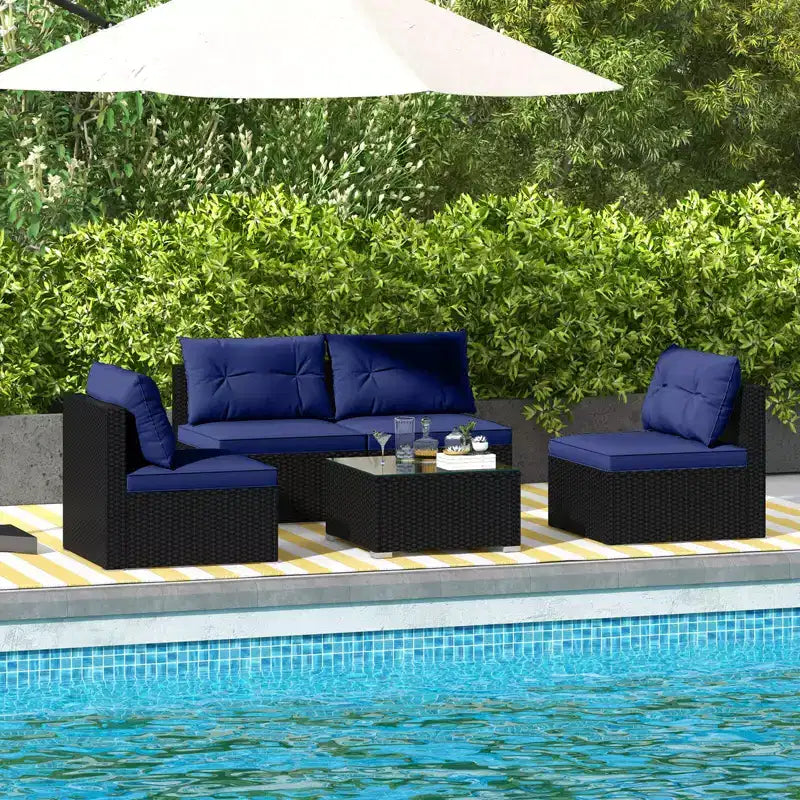 Costway Salon de Jardin 5 Pièces avec Coussins d'Assise et de Dossier Table en Verre Trempé Noir/Bleu