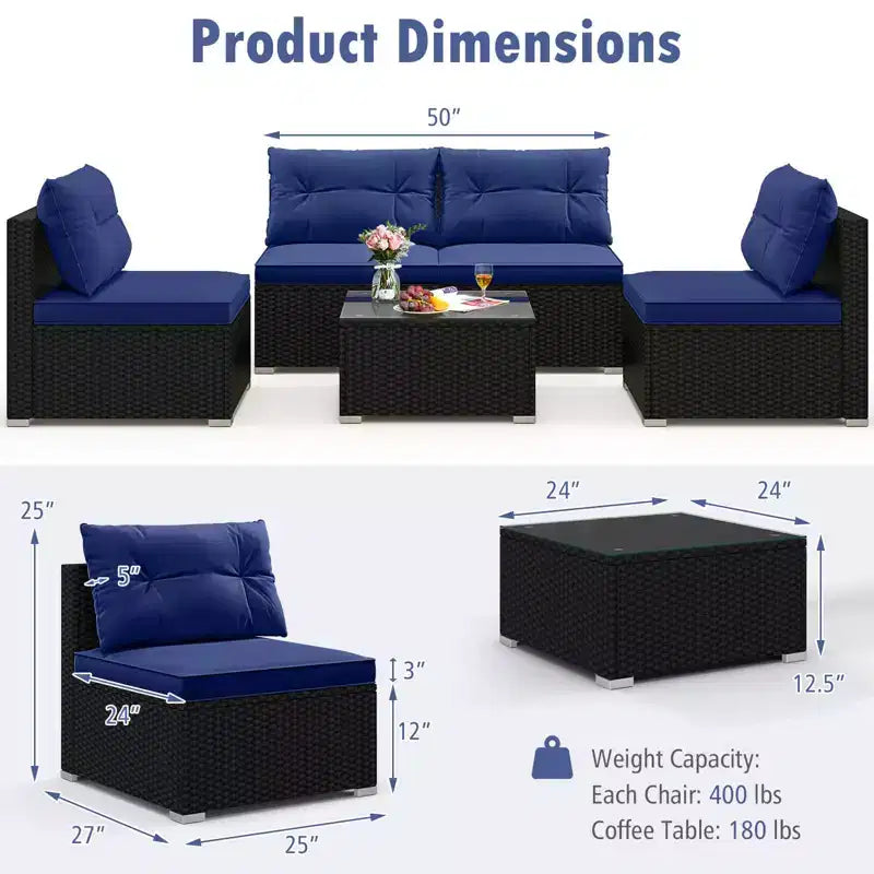 Costway Salon de Jardin 5 Pièces avec Coussins d'Assise et de Dossier Table en Verre Trempé Noir/Bleu