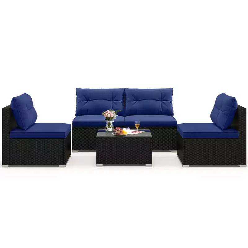 Costway Salon de Jardin 5 Pièces avec Coussins d'Assise et de Dossier Table en Verre Trempé Noir/Bleu