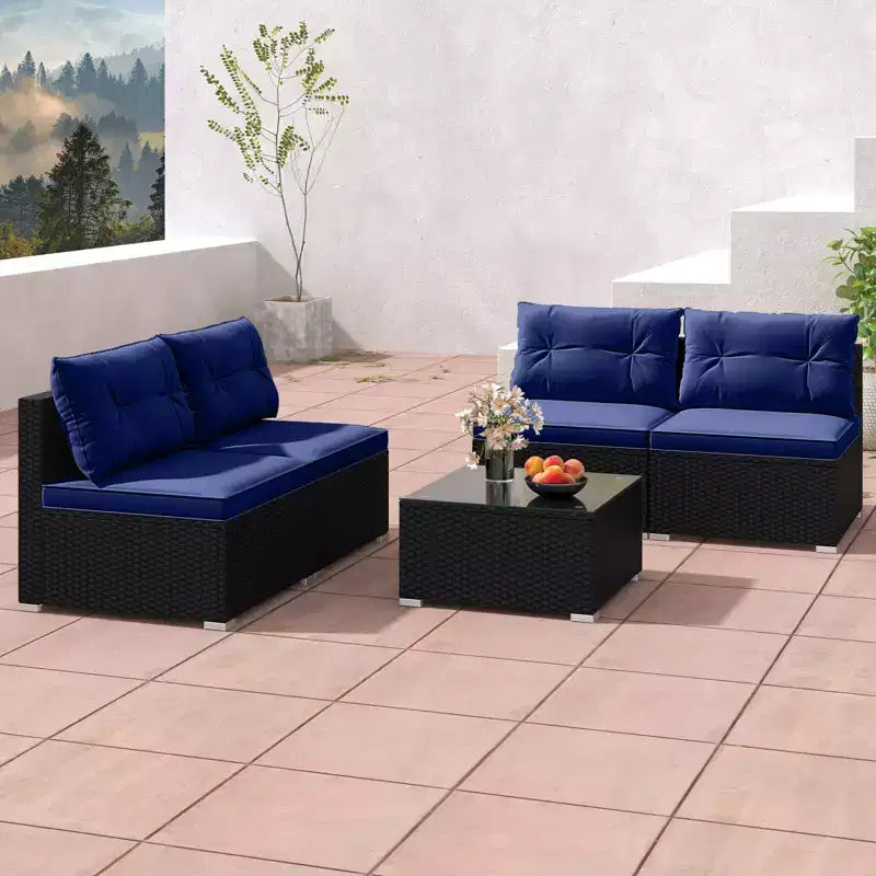 Costway Salon de Jardin 5 Pièces avec Coussins d'Assise et de Dossier Table en Verre Trempé Noir/Bleu