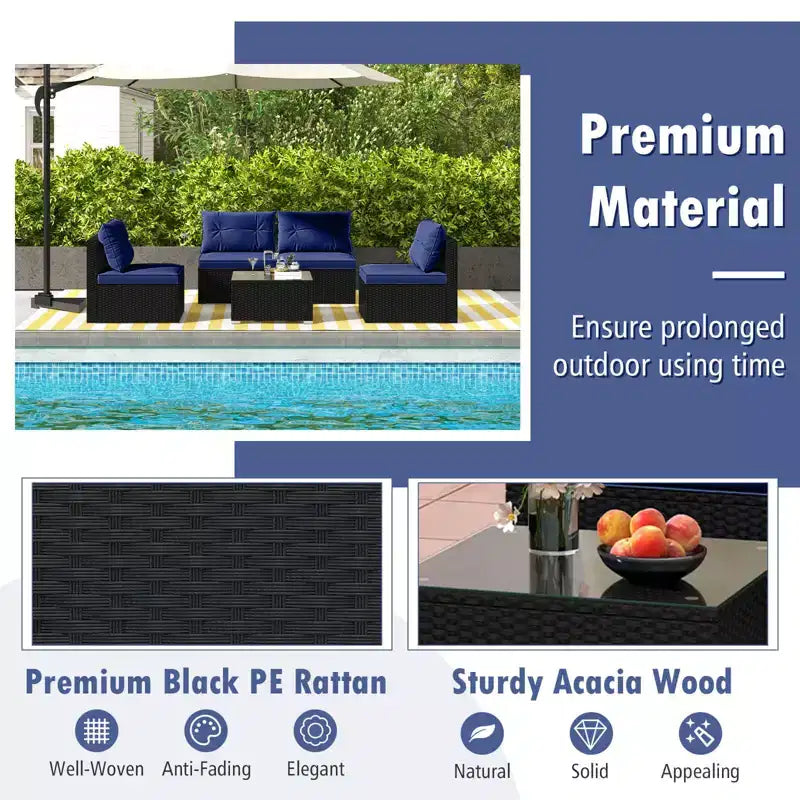 Costway Salon de Jardin 5 Pièces avec Coussins d'Assise et de Dossier Table en Verre Trempé Noir/Bleu